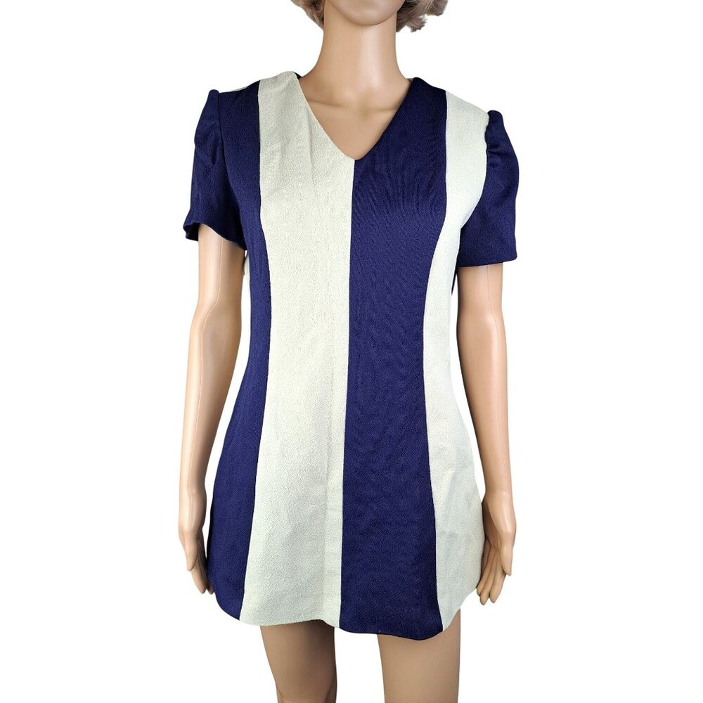 Vintage Handmade Blue Cream Colorblock Short Sleeve Mini Dress Medium Mod Space - Picture 9 of 12